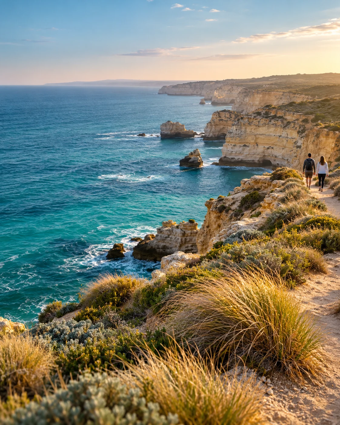 Two walkers on a sunlit coastal path beside a turquoise sea