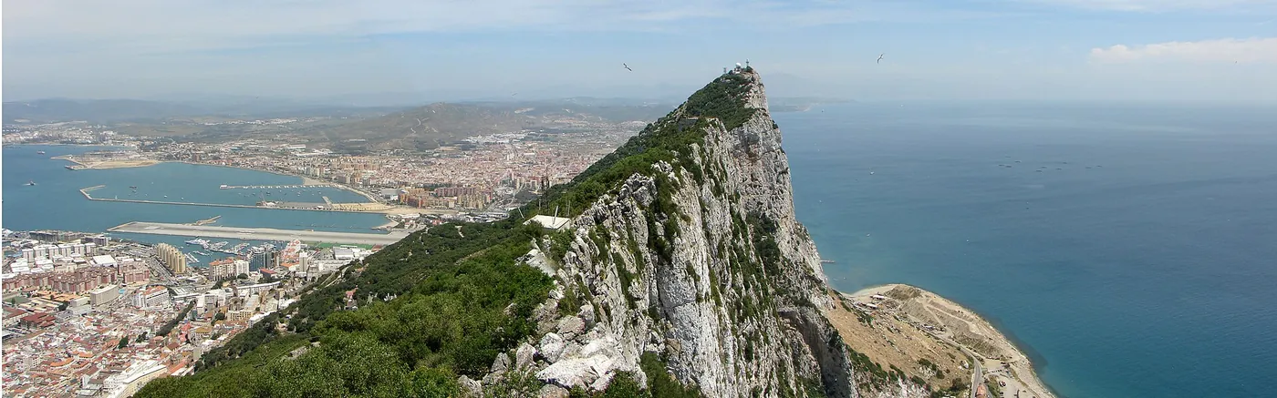 A panoramic view north from the Rock of Gibraltar across the town, airport and coastline