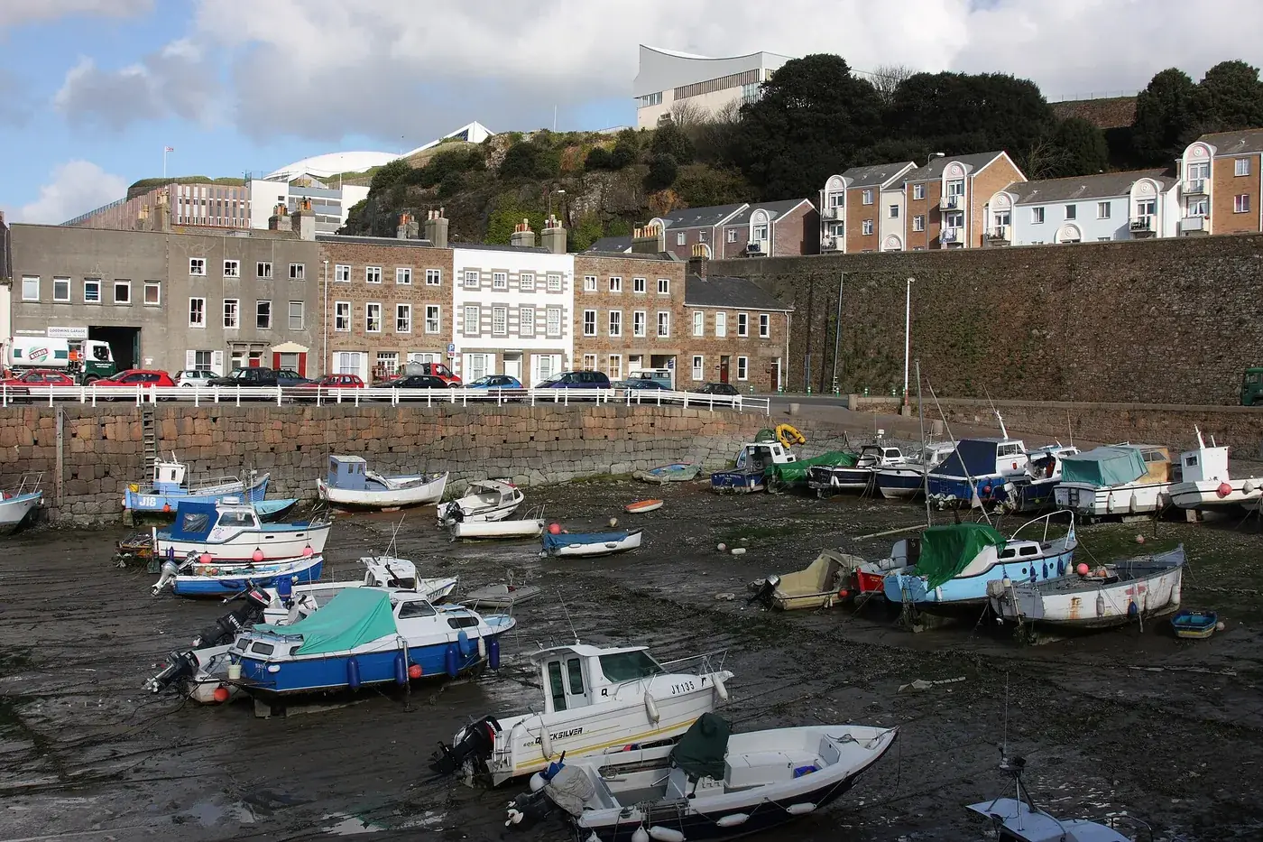 Boats and waterfront buildings at English Harbour in St Helier, Jersey
