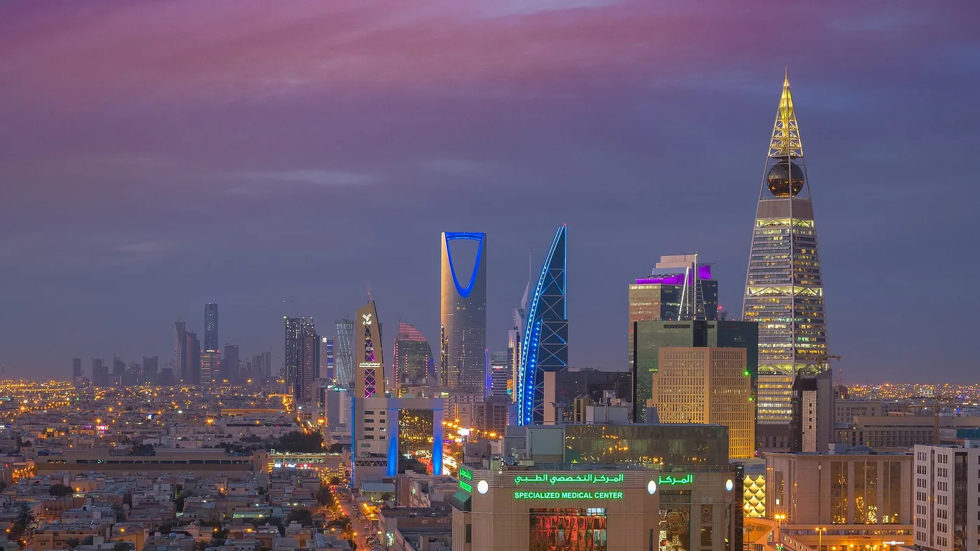 Riyadh skyline and the towers of the Al Olaya district at dusk