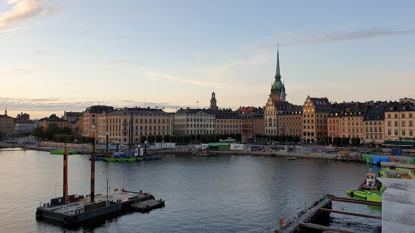 Stockholm’s historic waterfront reflected in the water, Sweden